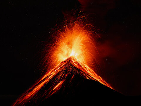 Volcan de Fuego on eruption at night