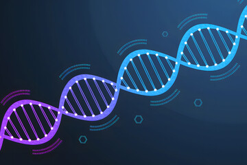 A dynamic and visually appealing graphic design of a DNA double helix, rendered in vibrant blue and purple tones.