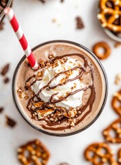 Chocolate pretzel milkshake in glass