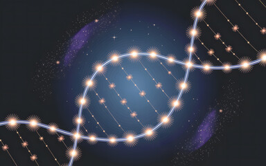 A stylized, glowing representation of a DNA double helix set against a dark cosmic background.