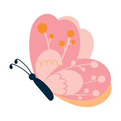 Pink Butterfly With Dark Blue Antennae And Beautiful Decorated Wings. Adorable cartoon insect. Cute nature bug perfect for invitations, cards, posters, holidays, stickers.