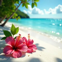 Sun-drenched hibiscus blooms on pristine white sand beach, blossom, sky, sea