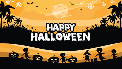 Happy halloween scene with pumpkins, kids, bats, moon and palm trees in orange and black colors