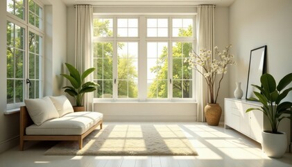 Sun-drenched room, large windows, elegant white flowers , interior design, modern