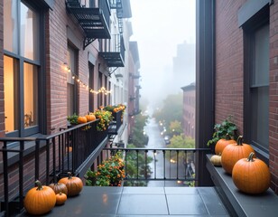 Pumpkin Display with Foggy Street View