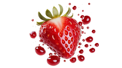 A vibrant strawberry surrounded by glistening red droplets against a black backdrop close up view