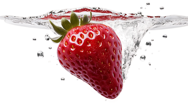 A single strawberry falling into clear water with splash and bubbles on a black background close up view