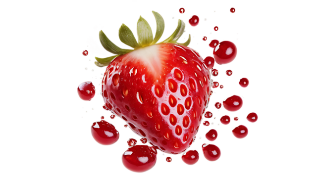 A vibrant strawberry surrounded by glistening red droplets against a black backdrop close up view
