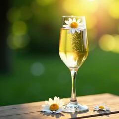 Sunlit chamomile blooms fill elegant crystal champagne flute, white, nature