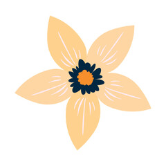 Soft Yellow Star Shaped Flower With A Dark Central Core. Delicate cartoon wild plant. Cute nature herb perfect for invitations, cards, posters, holidays, stickers.