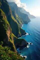 Sunlit Na Pali coastline, sharp ridgelines, cascading waterfalls, water, waves, waterfall