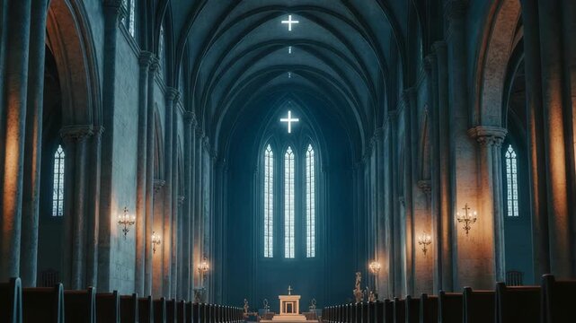 Interior of grand church with rows of pews and vaulted ceilings