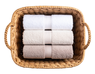 Wicker Basket with Folded Towels, Top View, Transparent Background