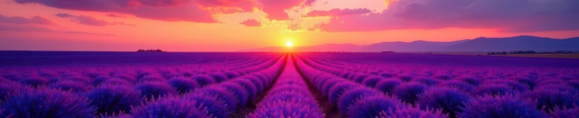 Sunset hues paint vibrant lavender field, rows stretching to horizon , sun, bloom, rays