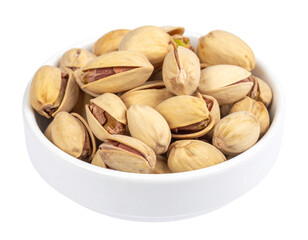 Fototapeta premium Shelled pistachios in white bowl isolated on transparent background