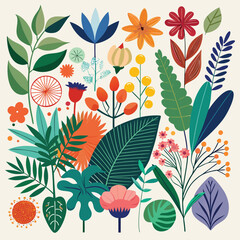 Seamless pattern with floral elements, leaves, and autumn flowers for fabric, wallpaper, or textile design