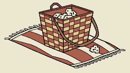 Picnic basket filled with food on a striped blanket illustration.