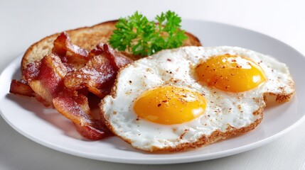 bacon and eggs breakfast on white ceramic plate with clean white background