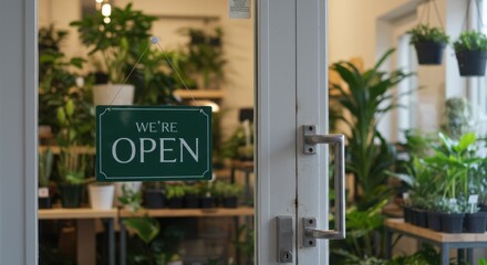 Welcome Open Sign on a Glass Door of a Lush Green Plant Nursery Store Providing Beautiful Indoor Plants and Outdoor Gardening Supplies for Customers