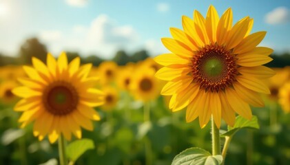 Two vibrant orange sunflowers blooming in a field, autumn, macro