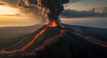 Erupting Volcano with Glowing Lava Flowing Down the Slopes at Sunset