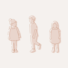 flat minimal children male and female vector illustration in spring summer clothing concept isolated set collection. Outline with silhouette shadow. For architecture, design, info graphic, media