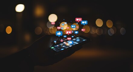 Visualizing the digital interconnectedness of social media engagement and online communication on a mobile device at night