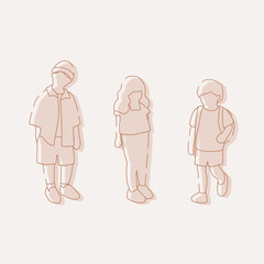 flat minimal children male and female vector illustration in spring summer clothing concept isolated set collection. Outline with silhouette shadow. For architecture, design, info graphic, media