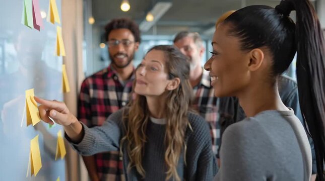 Diverse Coworkers Brainstorming in a Bright Office: Casual Professionals Around a Whiteboard

