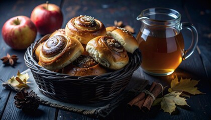 Rustic Apple Cider and Homemade Dinner Rolls in a Cozy Basket on a Wooden Table Setting