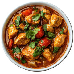 Savory Chicken Stew with Fresh Herbs and Vegetables in a White Bowl on transparent background