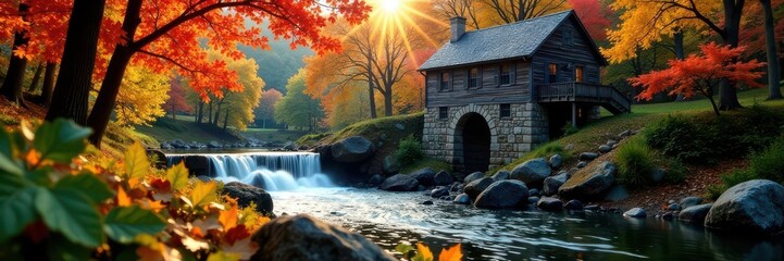 Vibrant autumn foliage surrounds historic Crystal Mill, sunlight illuminating the scene , autumn leaves, water reflection