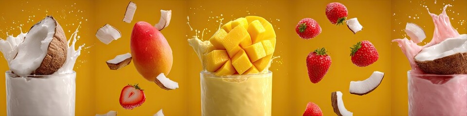 Three smoothie glasses filled with mango, strawberry, and coconut.  Flying fruit pieces and splashes of liquid.  Bright yellow background