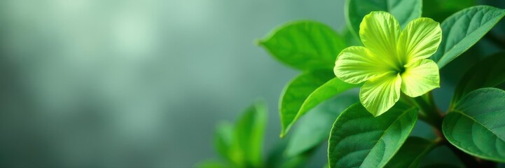 Vibrant green flower, lush leaves, gray backdrop, illustration, grey, nature