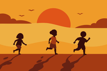 Children Running on Beach During Golden Hour with Joy Background