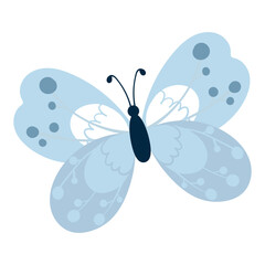 Blue Cartoon Butterfly With Decorated Wings. Adorable cartoon insect. Cute nature bug perfect for invitations, cards, posters, holidays, stickers.