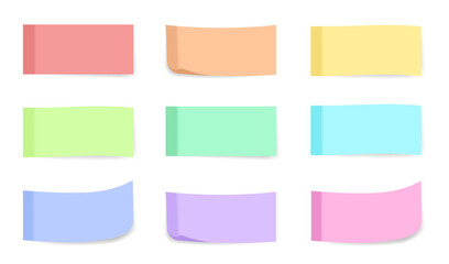 Set of pastel rectangular sticky notes in 9 soft tones and 4 curl styles. Ideal for journals, study aids, or feminine UI themes.