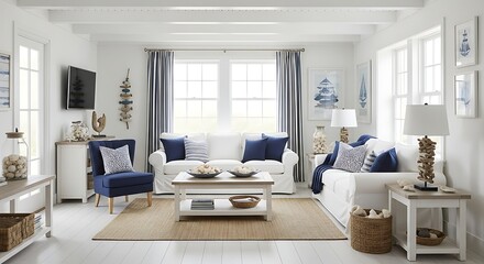 Bright, airy living room with white furniture, blue accents, and coastal decor elements.