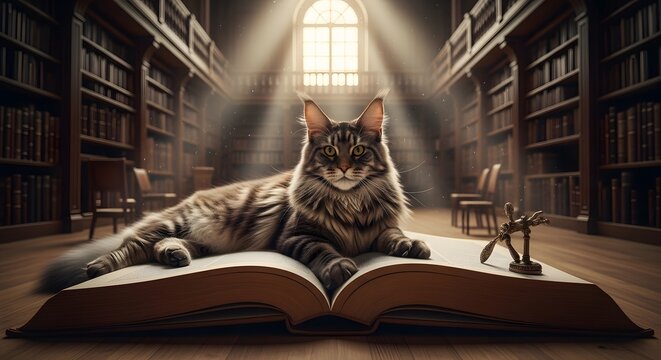 Majestic Feline Scholar: A Wise Cat Surveys an Open Book in a Grand, Sunlit Library, Embodying Wisdom, Learning, and Serenity