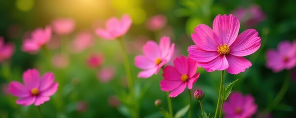 Vibrant pink cosmos flowers in full bloom, lush green foliage backdrop, vivid, fresh