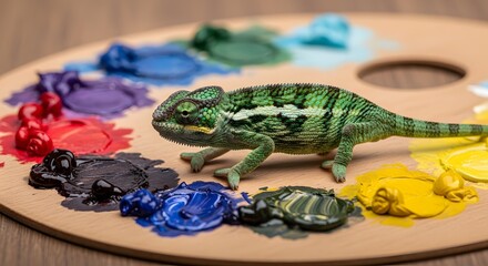 Creative Chameleon on Artist's Palette with Vibrant Paint Swirls, Symbolizing Adaptability, Color Mixing, and Artistic Expression
