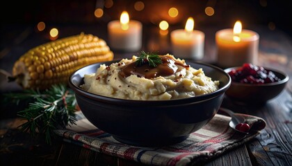 Festive Dinner Celebration, Homemade Creamy Mashed Potatoes, Cozy Indoor Setting, Food Photography, Warm Atmosphere, Close-Up View, Comforting Meal