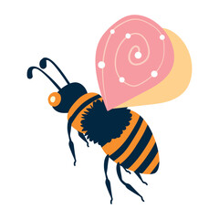 Cartoon Honeybee With Pink Spiral Wings And Striped Body. Adorable cartoon insect. Cute nature bug perfect for invitations, cards, posters, holidays, stickers.