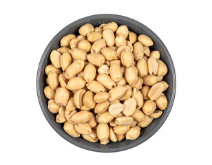 Peeled peanuts in black bowl on transparent background