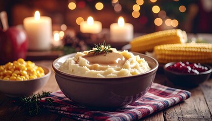 Comforting Homemade Creamy Mashed Potatoes with Gravy Served in a Bowl on a Rustic Table Amidst Soft Candlelight