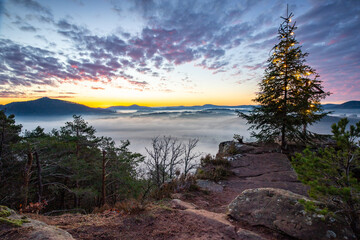 Landscape at sunrise with fog in the valley. View from a cliff in the morning. Beautiful Christmas...