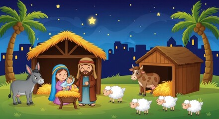 Naklejka premium Christmas Nativity Scene with Animals and Holy Family