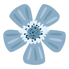Blue Five Petal Flower With A White And Navy Center. Delicate cartoon wild plant. Cute nature herb perfect for invitations, cards, posters, holidays, stickers.
