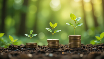 Growing wealth seedling plants on coins in lush forest financial growth concept nature environment