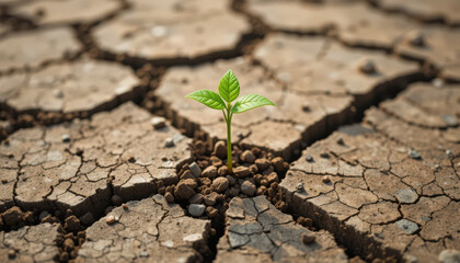 Growing resilience green seedling emerging from dry cracked soil nature landscape close-up hopeful concept